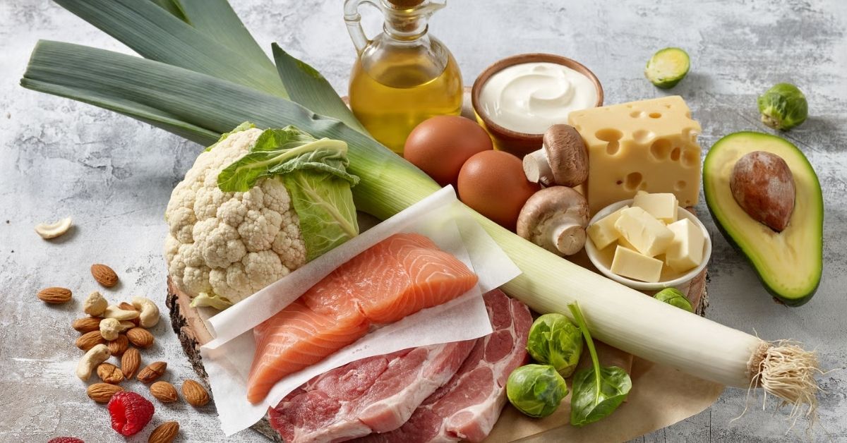 Auswahl an Lebensmitteln mit Fleisch, Fisch, Eiern, Käse und Gemüse auf einem Tisch